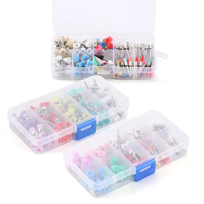 Dental Polishing Brush Cup Kits in clear plastic organizer boxes, displaying colorful nylon bristle and silicone brushes with metal handles for stain removal and polishing, 100pcs per box, various shapes including bowl, sharp, and flat brushes