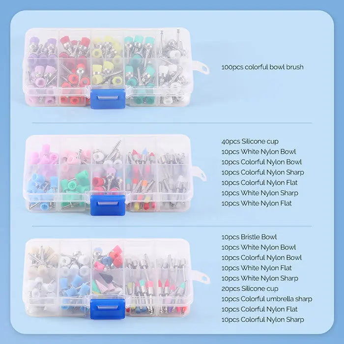 Dental Polishing Brush Cup Kits: Three plastic organizer boxes filled with colorful assortment of dental polishing brushes, cups, and tools. Each box contains various types and colors of brushes for different dental polishing needs.