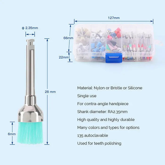 Dental Polishing Brush Cup Kits: Image showing a teal bristle brush with metal handle and plastic storage box containing various colorful dental polishing tools. Product dimensions and specifications displayed.