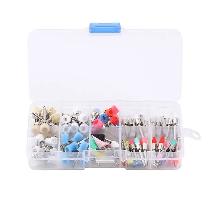 Dental Polishing Brush Cup Kits in clear plastic organizer box, displaying assorted colorful nylon bristle and silicone polishing tools with metal handles for dental stain removal and polishing, 100 pieces per box