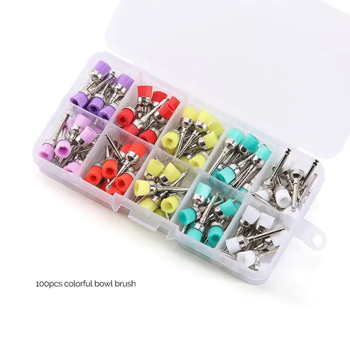 Dental Polishing Brush Cup Kits in clear plastic organizer box with colorful nylon bristle and silicone cup attachments, metal shanks visible, 100 pieces per box for stain removal and polishing