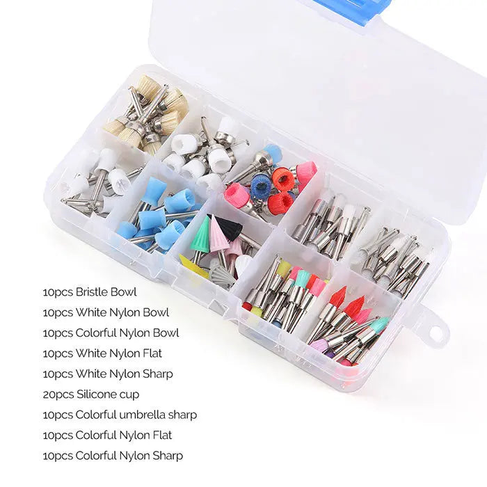 Dental Polishing Brush Cup Kits Colorful Nylon Bristle Silicone Material 100pcs/Box displayed in clear plastic organizer with various brush types, including bristle bowls, nylon bowls, flat brushes, sharp brushes, and silicone cups in multiple colors for dental stain removal and polishing