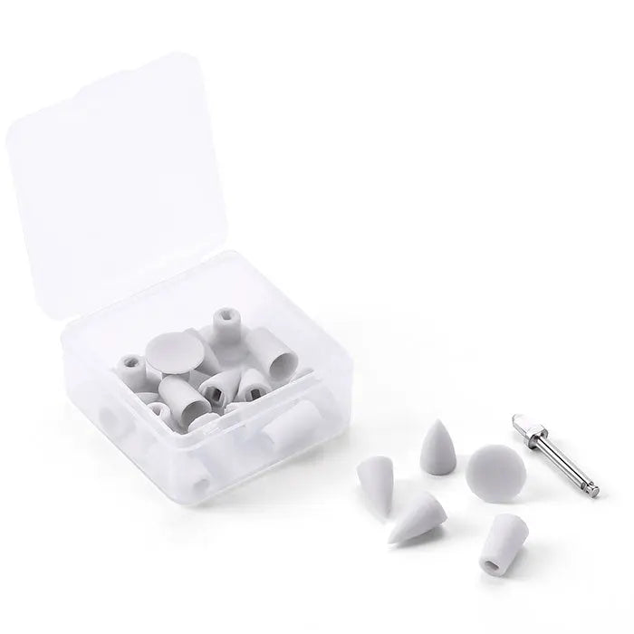 Dental Composite Finishing and Polishing Kit with Mandrel 20Pcs/Box featuring white silicone polishers in various shapes including cups, inverted cones, and points, stored in a clear plastic case with a metal mandrel for dental procedures