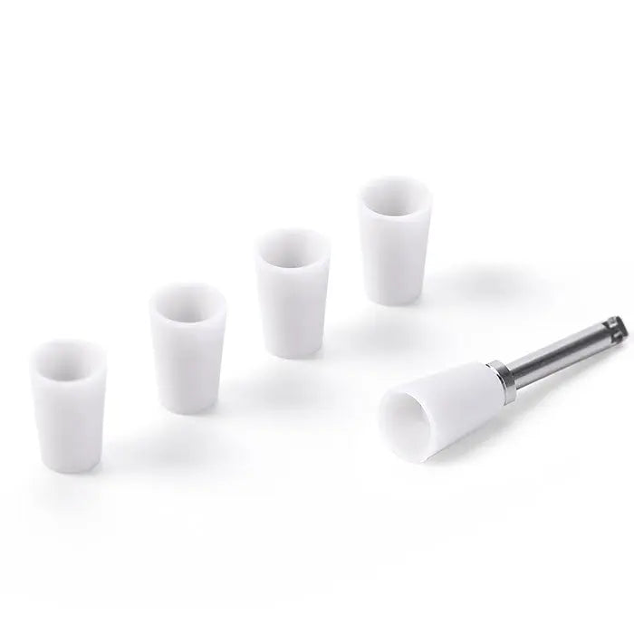 Dental Composite Finishing and Polishing Kit with Mandrel 20Pcs/Box: White silicone polishing cups and points of various sizes arranged in a row, with a metal mandrel attached to one cup, showcasing the kit's components for dental composite restoration finishing.