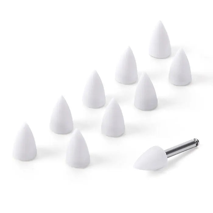 Dental Composite Finishing and Polishing Kit with Mandrel 20Pcs/Box featuring white silicone polishing tips in various conical shapes and a metal mandrel for dental procedures, arranged on a white background