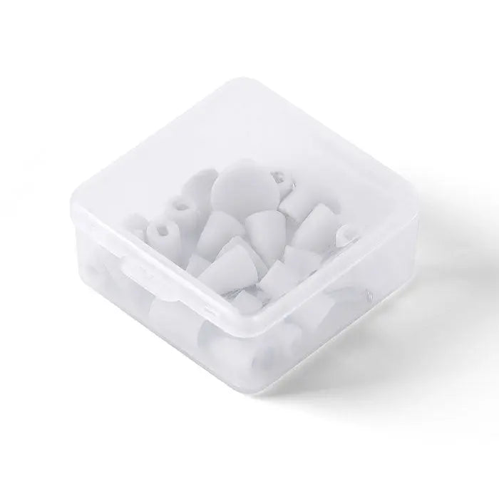 Dental Composite Finishing and Polishing Kit with Mandrel 20Pcs/Box, displayed in a clear plastic container showing various white silicone polishing tips in different shapes including cups, inverted cones, and points for dental restoration work