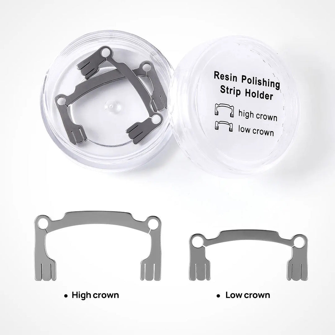 Dental Resin Polishing Strip Holder Autoclavable Dentist Tool: Clear plastic container with two metal holders for high and low crowns. Product includes labeled high and low crown holders, designed for dental polishing and finishing procedures.