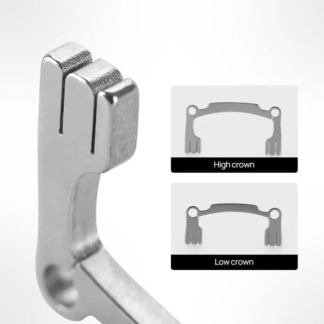 Dental Resin Polishing Strip Holder Autoclavable Dentist Tool showing stainless steel handle with two clamping ends and diagrams of high and low crown attachments for precise dental polishing and finishing on adjacent tooth surfaces