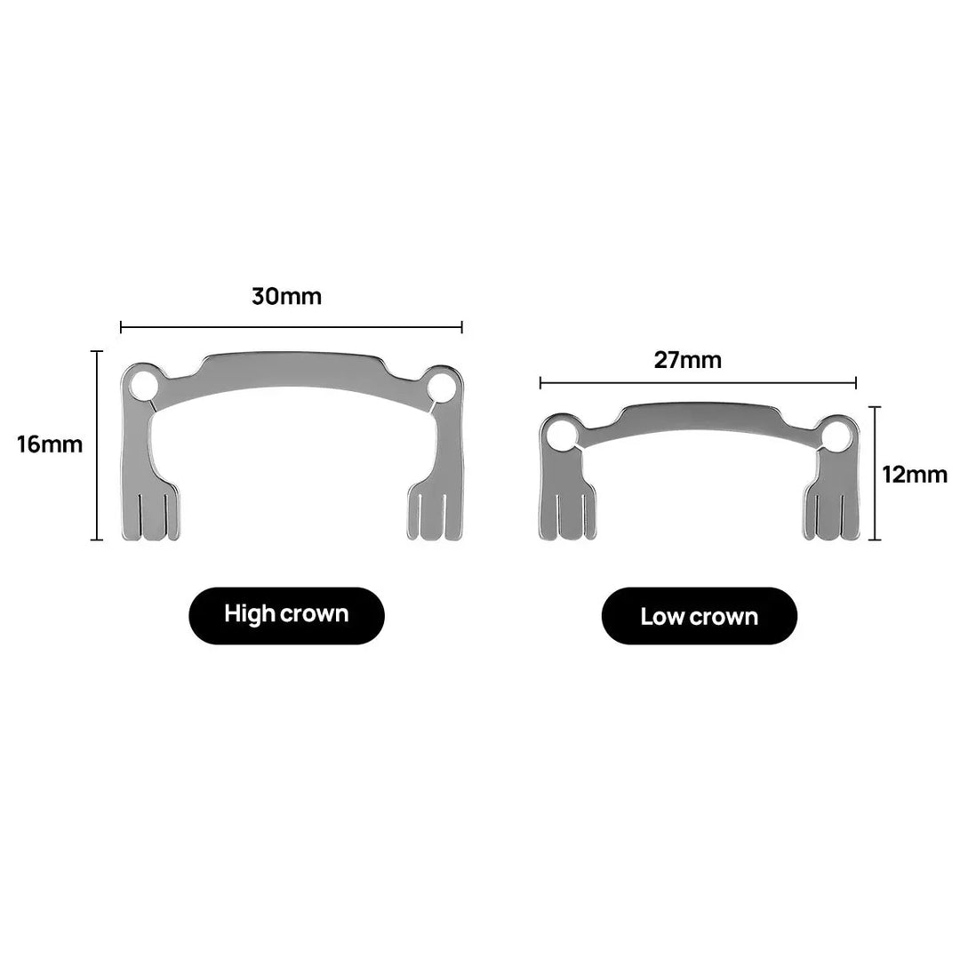 Dental Resin Polishing Strip Holder Autoclavable Dentist Tool: Diagram showing dimensions of high crown (30mm x 16mm) and low crown (27mm x 12mm) holders. Stainless steel tools for precise dental polishing and finishing.