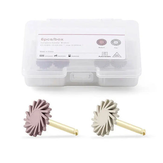 Dental Composite Polishing Wheel Medium Fine CA 2.35mm Silicone With Diamond 6pcs/Box, including pink and grey wheels for pre-polishing and high-gloss polishing, displayed in clear plastic case with product information and two wheels shown separately