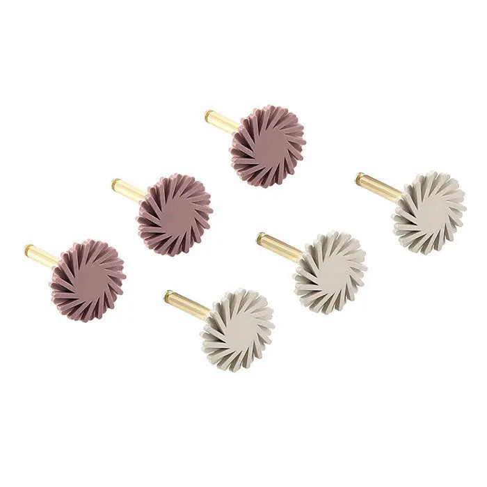 Dental Composite Polishing Wheel Medium Fine CA 2.35mm Silicone With Diamond 6pcs/Box: Set of six dental polishing wheels in pink and grey colors with spiral patterns and gold-toned shafts, used for pre-polishing and high-gloss polishing of tooth surfaces.