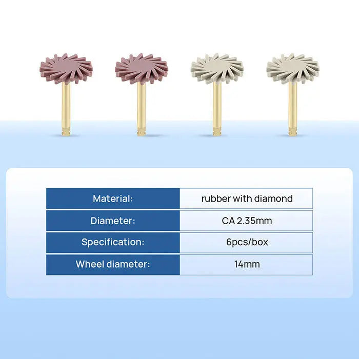 Dental Composite Polishing Wheel Medium Fine CA 2.35mm Silicone With Diamond 6pcs/Box: Four polishing wheels, two pink and two gray, with metal shanks. Product specifications table showing material, diameter, quantity, and wheel size details.