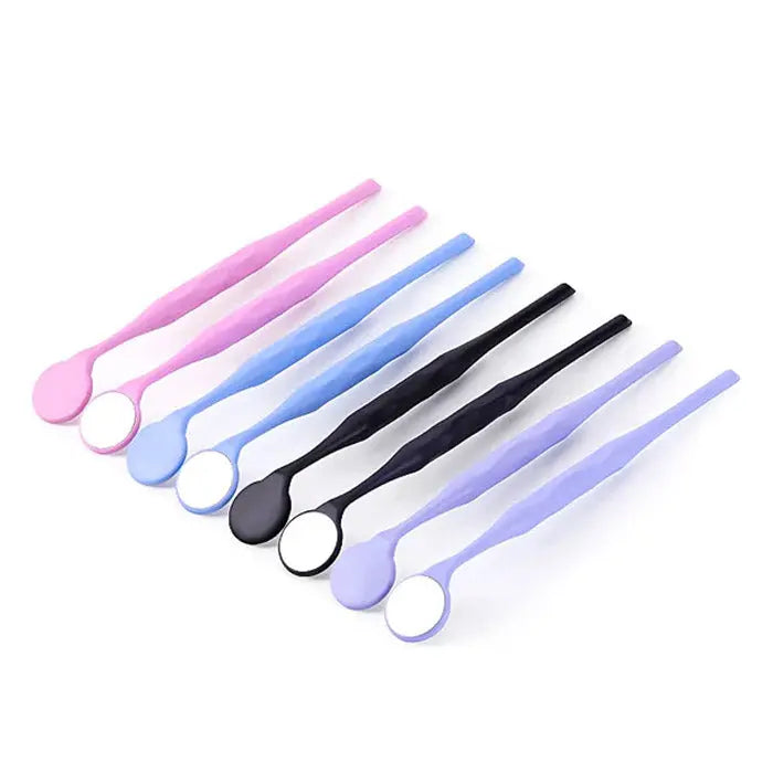 Dental Mouth Mirror Surface Exam Reflectors With Handle Anti-fog 10Pcs/Box: Colorful set of dental mirrors in pink, blue, black, and lavender with ergonomic handles and reflective circular ends, arranged neatly in a row on a white background.