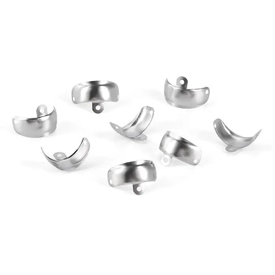 Dental Matrix Bands Sectional Contoured Metal Matrices for Teeth Replacement, showing various sizes and shapes of stainless steel bands with curved designs and small protrusions for easy placement and removal, used in dental procedures for tooth restoration