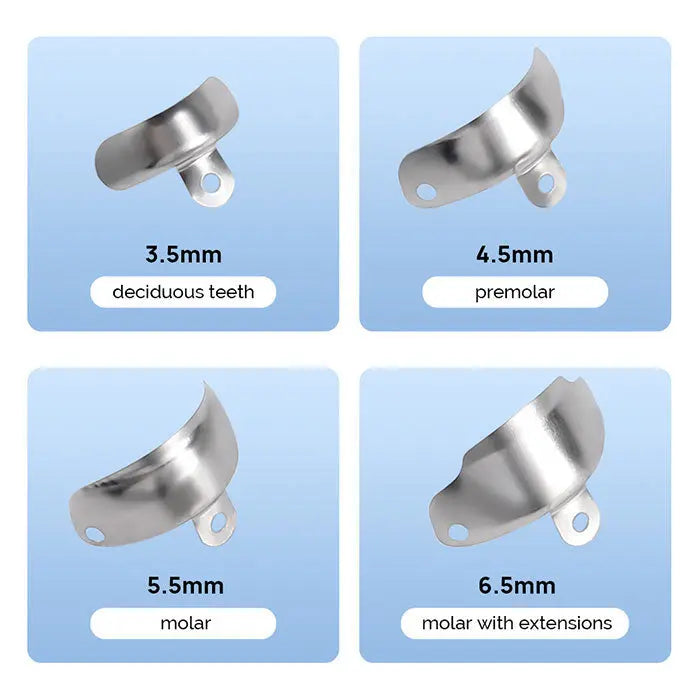 Dental Matrix Bands Sectional Contoured Metal Matrices for Teeth Replacement, 4 models shown: 3.5mm for deciduous teeth, 4.5mm for premolar, 5.5mm for molar, and 6.5mm for molar with extensions. Stainless steel bands with holes for easy placement and removal.