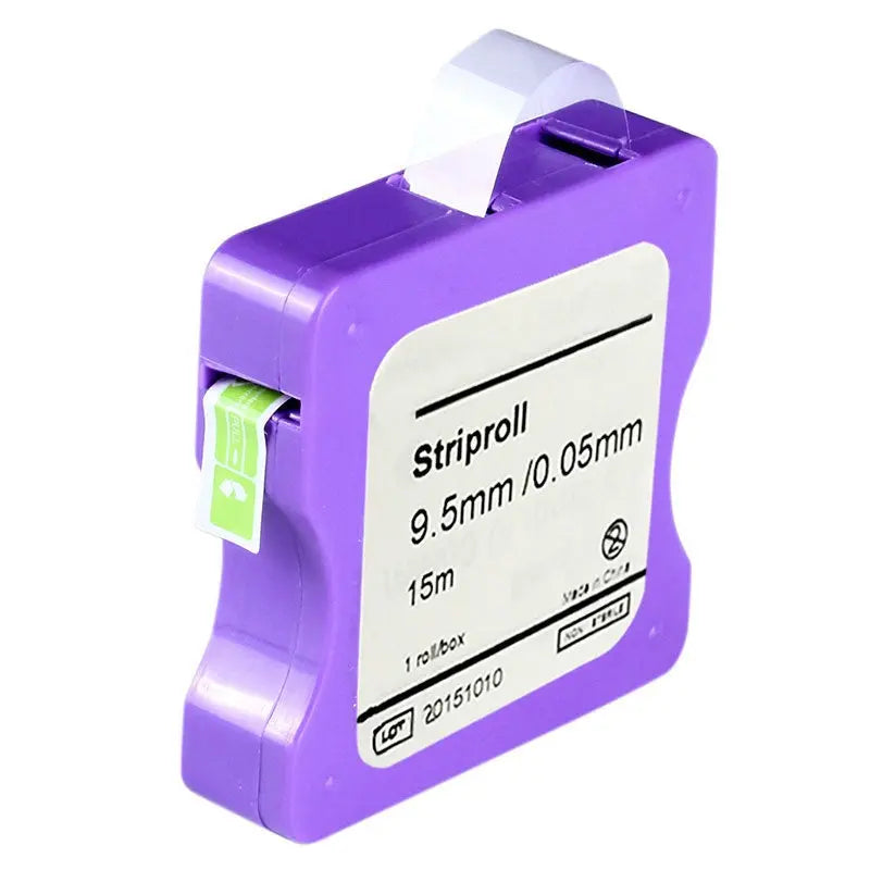 Dental Striproll Light Cured Resin Clear Matrix Bands 1roll/Box: Purple dispenser containing clear matrix bands for dental procedures, 9.5mm width, 0.05mm thickness, 15m length, with product specifications printed on the device.