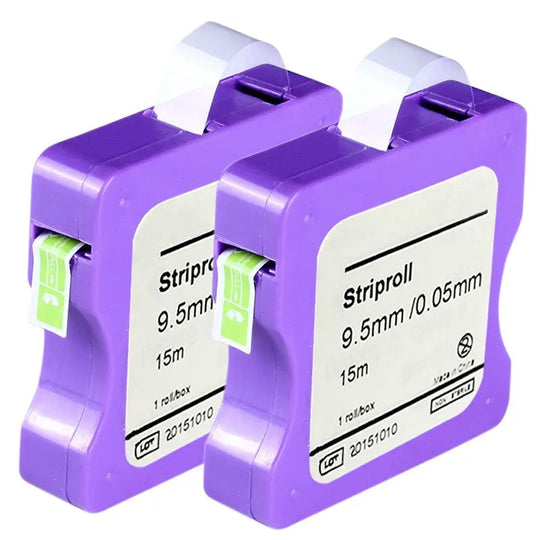 Two purple dispensers of Dental Striproll Light Cured Resin Clear Matrix Bands, each containing 15m of 9.5mm wide and 0.05mm thick resin strips for dental restoration and shaping missing teeth.