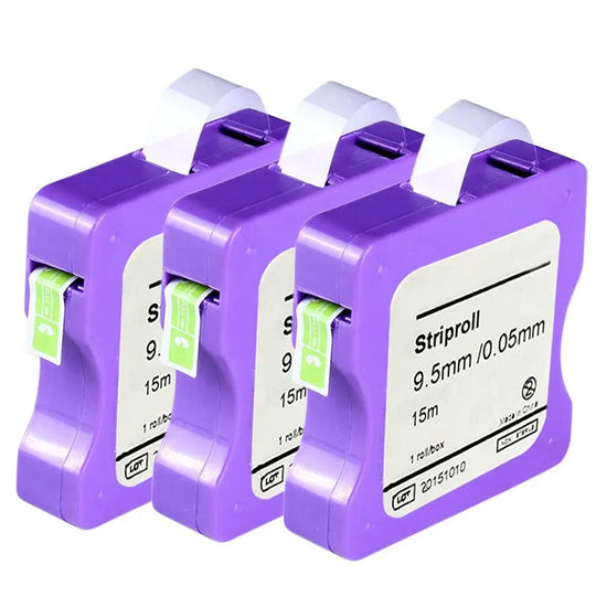 Three purple plastic dispensers of Dental Striproll Light Cured Resin Clear Matrix Bands, each containing a 15m roll of 9.5mm wide and 0.05mm thick clear matrix bands for dental restoration procedures.