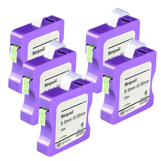 Five purple dispensers of Dental Striproll Light Cured Resin Clear Matrix Bands, displaying product details including width, thickness, and length. Each dispenser features a white label and green accent, arranged in a group formation.