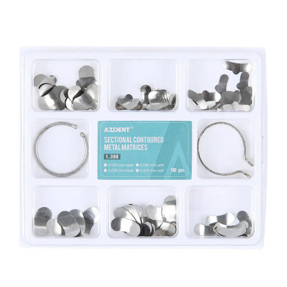 Dental Matrix Sectional 100Pcs/Box: Transparent plastic case containing assorted metal matrices in various sizes and shapes, with two metal rings for dental procedures. Product packaging displays AZDENT brand and sectional contoured metal matrices details.