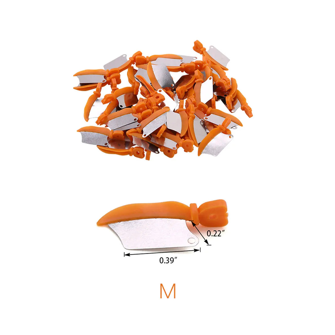 Dental Prime Teeth Interproximal Plastic Wedge with Protection Dental Steel Matrix Medium Orange 50/Box: Close-up of orange plastic wedges with metal inserts, showing multiple pieces and a single wedge with measurements. Autoclavable dental tools for professional use.