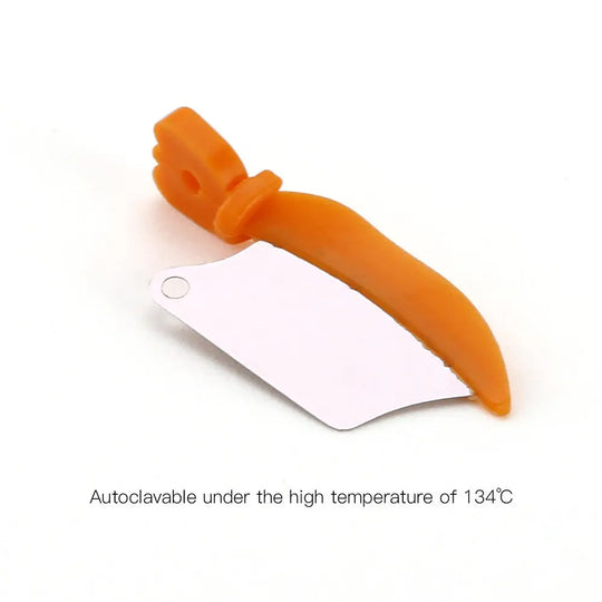 Dental Prime Teeth Interproximal Plastic Wedge with Protection Dental Steel Matrix Medium Orange 50/Box: Close-up of orange plastic dental wedge with attached metal matrix band, autoclavable at 134°C, against white background