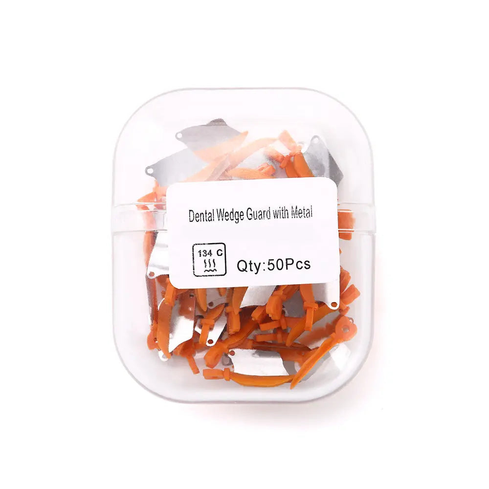 Dental Prime Teeth Interproximal Plastic Wedge with Protection Dental Steel Matrix Medium Orange 50/Box in clear container, showing orange plastic wedges with metal components, labeled with quantity and autoclave temperature