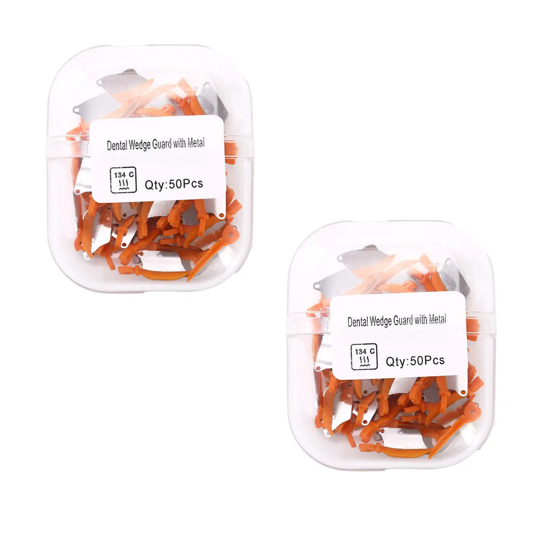 Dental Prime Teeth Interproximal Plastic Wedge with Protection Dental Steel Matrix Medium Orange 50/Box in clear plastic containers. Two boxes filled with orange dental wedges and metal matrices, displaying product label and quantity information.