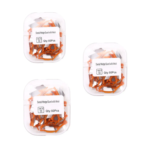 Dental Prime Teeth Interproximal Plastic Wedge with Protection Dental Steel Matrix Medium Orange 50/Box: Three clear plastic containers filled with orange dental wedges and metal matrices, labeled with product details and quantity of 50 pieces each