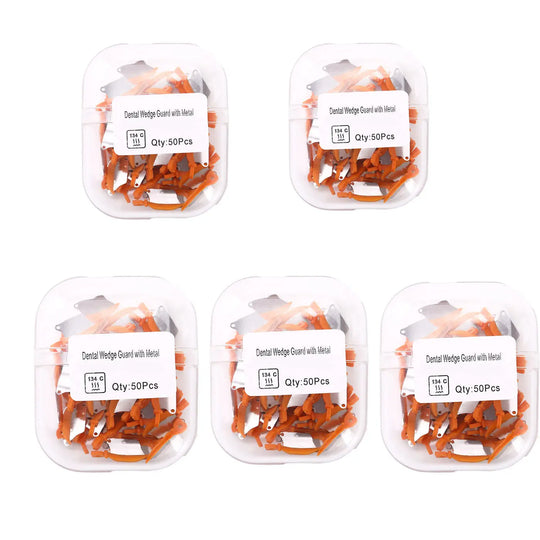 Dental Prime Teeth Interproximal Plastic Wedge with Protection Dental Steel Matrix Medium Orange 50/Box: Five transparent containers filled with orange dental wedges, each labeled 'Qty:50Pcs', showcasing product packaging and quantity for dental professionals.