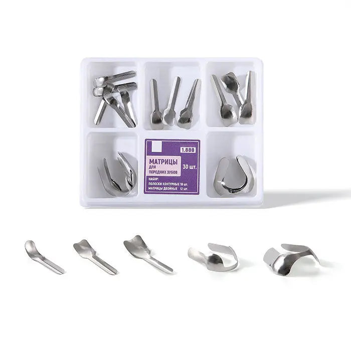 Dental Proximal Anterior Strips Large Small Twin Anterior Matrices Matrix Systems 30Pcs/Box: Plastic case containing various metal dental matrices and strips for anterior teeth restoration, with different shapes and sizes displayed in compartments and individually shown below the case.