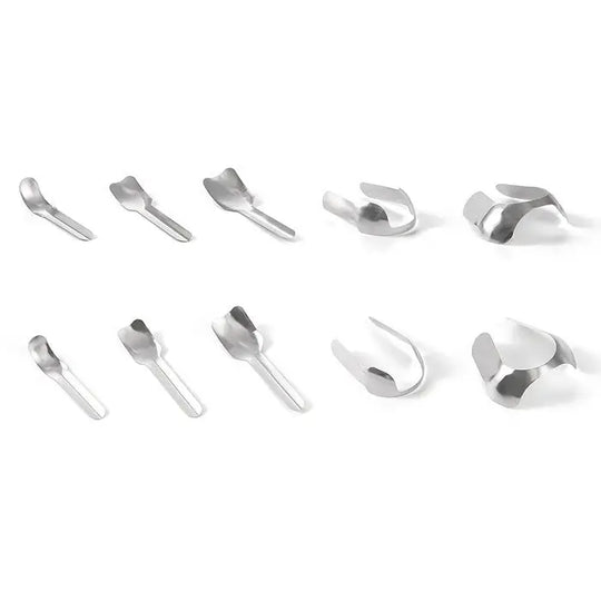 Dental Proximal Anterior Strips Large Small Twin Anterior Matrices Matrix Systems 30Pcs/Box: Various sizes and shapes of dental matrices and proximal strips for anterior teeth restoration, made of thin metal, displayed in rows showing different curvatures and designs for optimal tooth contouring and composite placement