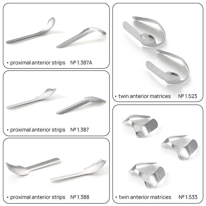 Dental Proximal Anterior Strips Large Small Twin Anterior Matrices Matrix Systems 30Pcs/Box: Assortment of metal dental tools including proximal anterior strips and twin anterior matrices for dental restorations, displayed in a grid layout showing various sizes and shapes