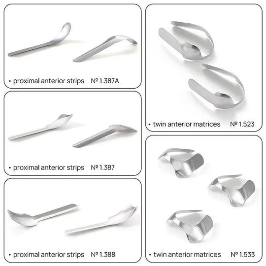 Dental Proximal Anterior Strips Large Small Twin Anterior Matrices Matrix Systems 30Pcs/Box: Assortment of metal dental tools including proximal anterior strips and twin anterior matrices for dental restorations, displayed in a grid layout showing various sizes and shapes