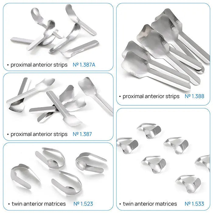 Dental Proximal Anterior Strips and Twin Anterior Matrices Matrix Systems, showing various types and sizes of metal strips and matrices used for dental restorations and contouring, 30Pcs/Box