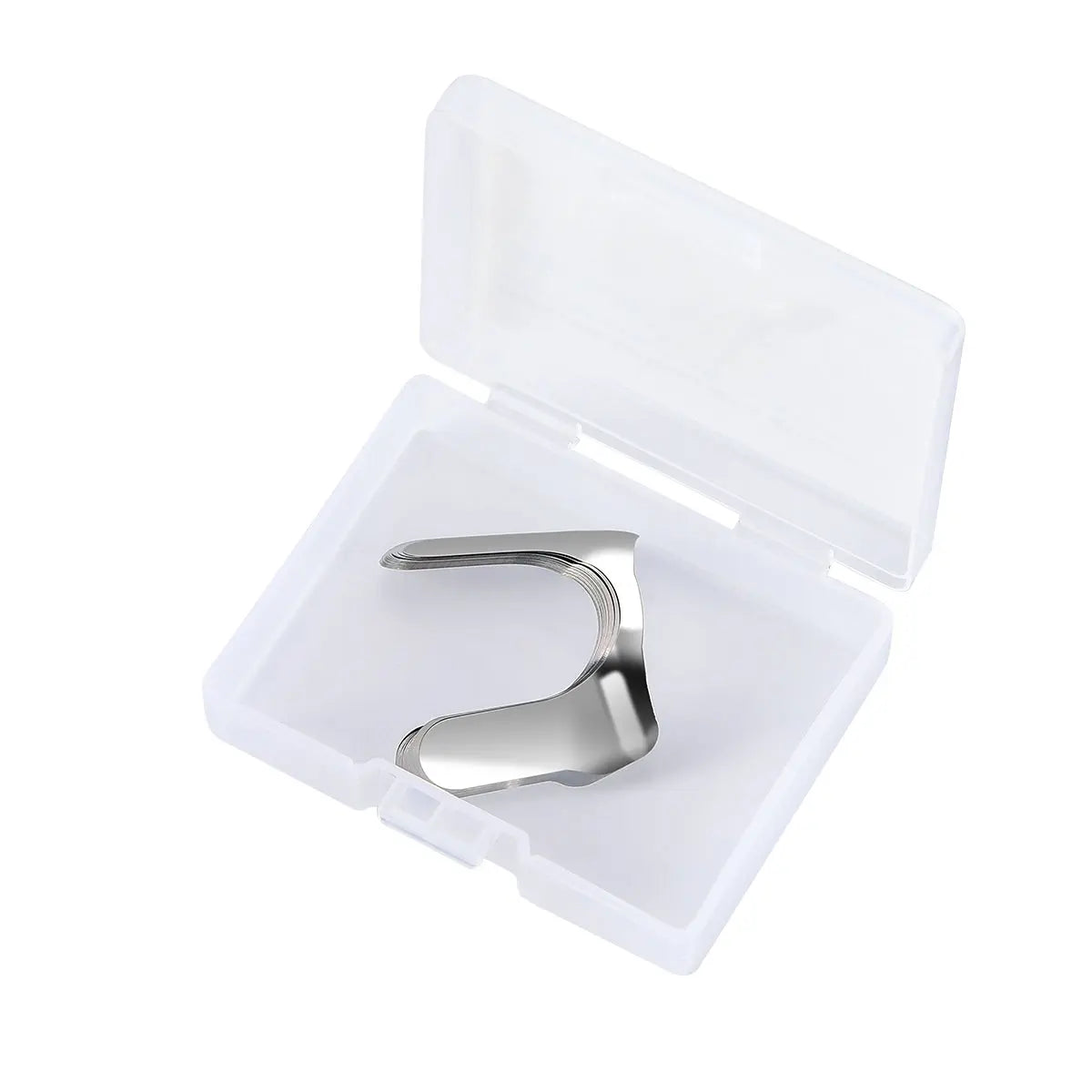 Dental Matrix Contoured Anterior Metal Matrix Bands in open white plastic case, showcasing curved stainless steel band for dental procedures, part of 30-piece set, 0.03mm thickness, designed for upper front teeth restoration