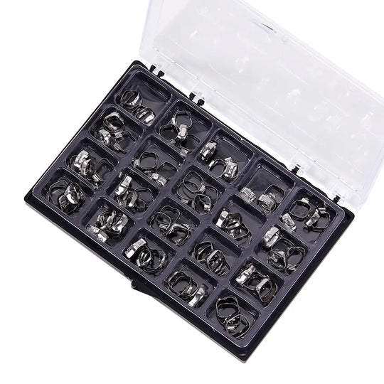 Clear plastic box containing 1st Molar Bands with Buccal Tube Roth .022 #16-#35 U2/L1 80pcs/Box. Multiple compartments showcase various sizes of stainless steel orthodontic bands with buccal tubes, neatly organized for dental professionals.