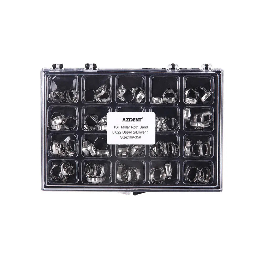 Clear plastic box containing 1st Molar Bands with Buccal Tube Roth .022 #16-#35 U2/L1 80pcs/Box. Multiple compartments filled with small silver orthodontic bands and tubes. Labeled AZDENT, showing organized dental supplies for orthodontic procedures.