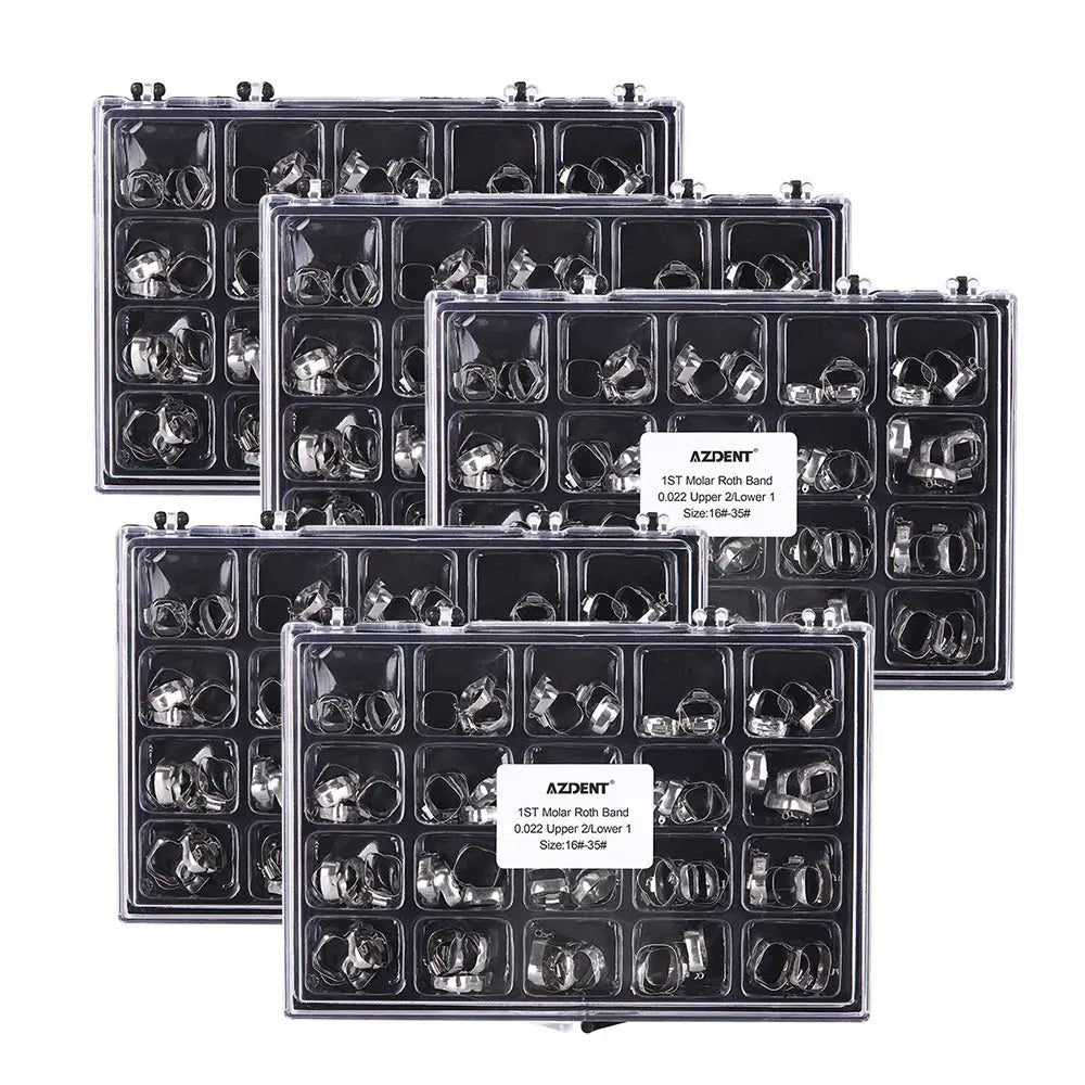 1st Molar Bands with Buccal Tube Roth .022 #16-#35 U2/L1 80pcs/Box displayed in five clear plastic organizer cases, each containing multiple compartments filled with small silver-colored orthodontic bands and tubes, neatly arranged for easy access and inventory management.