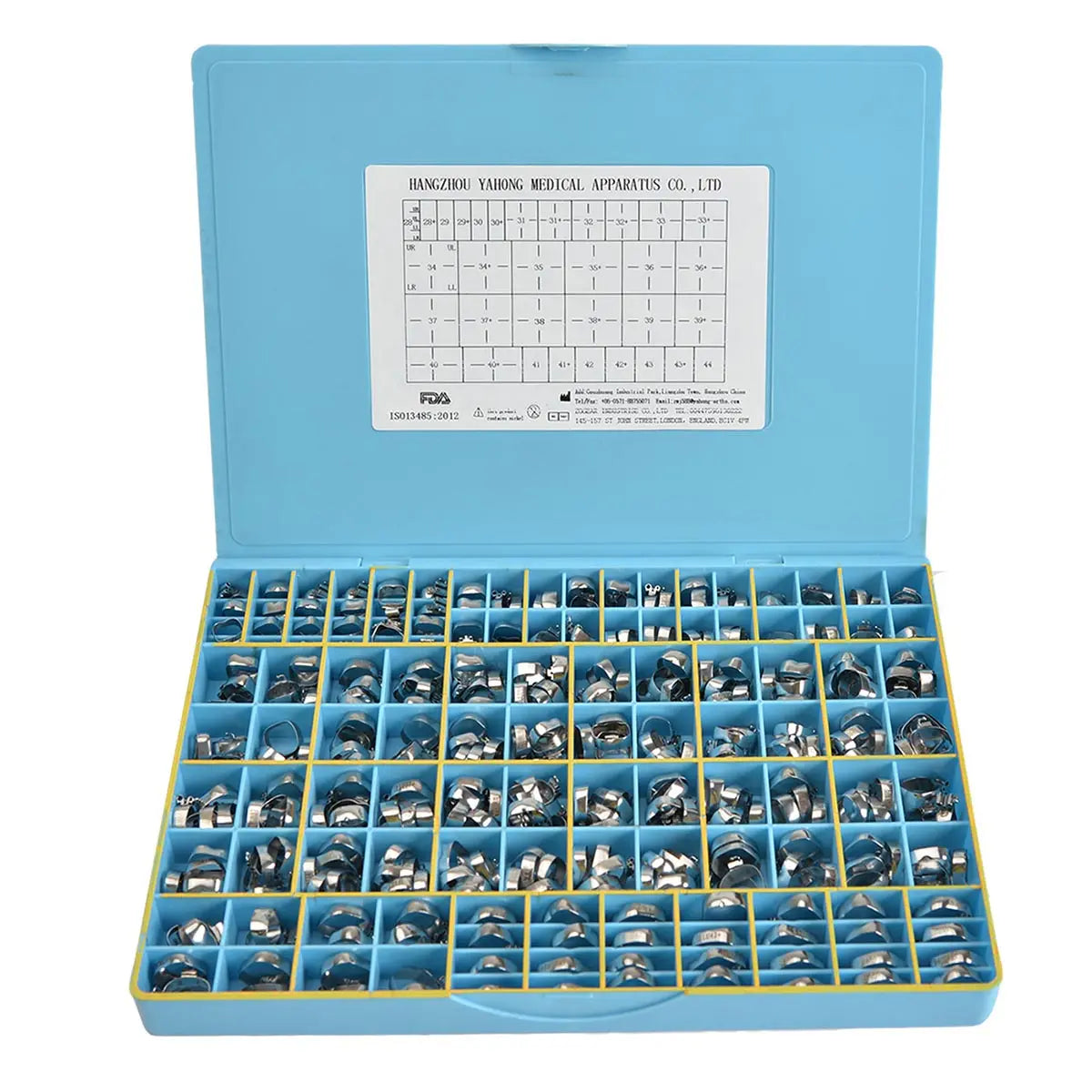 Dental Tpl Buccal Tubes Bands 1st Molar Roth .022 U3L2 85sets/Box: Blue plastic case containing organized compartments filled with various dental components including buccal tubes and bands for orthodontic use, with a product information label on the inside lid.