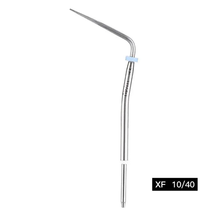 Dental Endo Obturation System Gutta Percha Pen Heated Tips XF 1pcs/Box: Silver metal dental instrument with curved tip and blue marker, labeled XF 10/40, for precise endodontic procedures and root canal filling