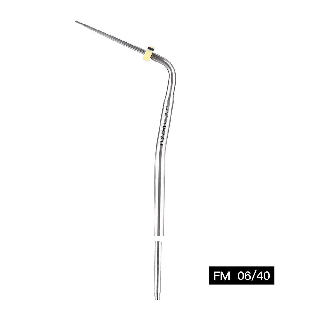 Dental Endo Obturation System Gutta Percha Pen Heated Tips FM 1pcs/Box - Curved metal dental instrument with long, thin tip and angled design for precise application. Silver color with yellow accent near tip. Model FM 06/40 visible on handle.