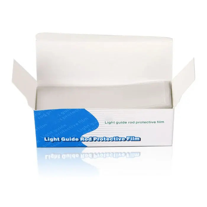 Dental Plastic Curing Light Guide Stick Sleeve Sheath Cover 200pcs/Box in open white packaging box with blue label, showcasing protective sleeves for dental LED curing lights to prevent cross-contamination and reduce costs