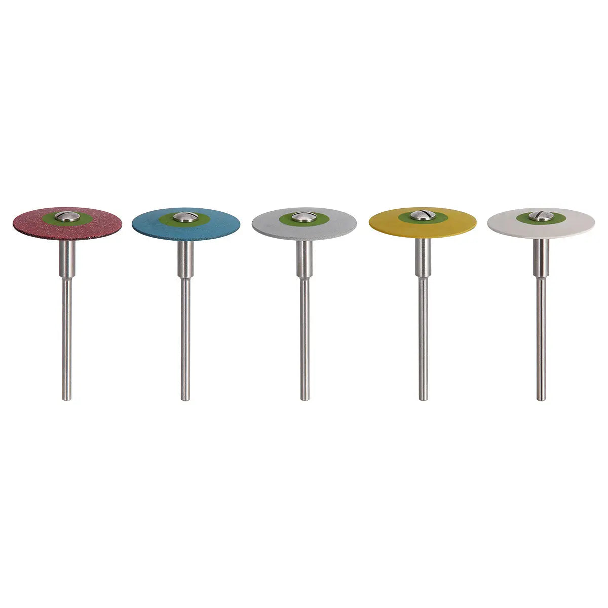 Dental Polishing Rubber Diamond Wheel Disc 26mm 1pc/Box set of five colored discs with metal shafts for porcelain and zirconia restoration polishing, available in super coarse, medium coarse, fine, extra fine, and ultra fine grits