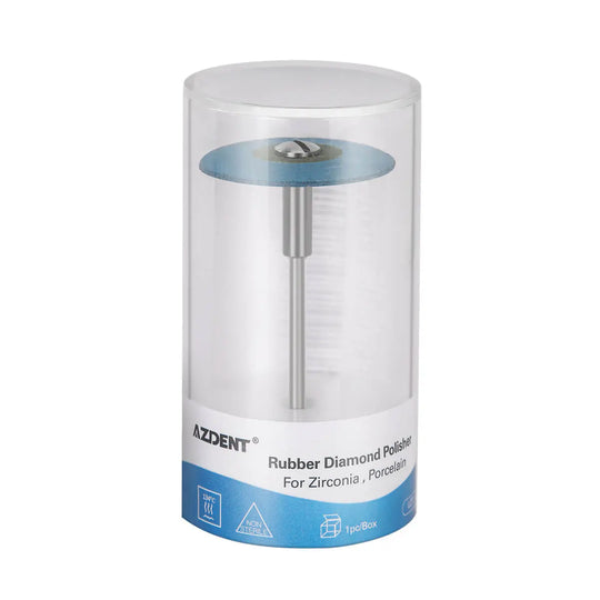 Dental Polishing Rubber Diamond Wheel Disc 26mm 1pc/Box, displayed in clear plastic container. Blue-tinted diamond polisher wheel attached to metal shaft, designed for porcelain and zirconia restorations. AZDENT brand visible on label.