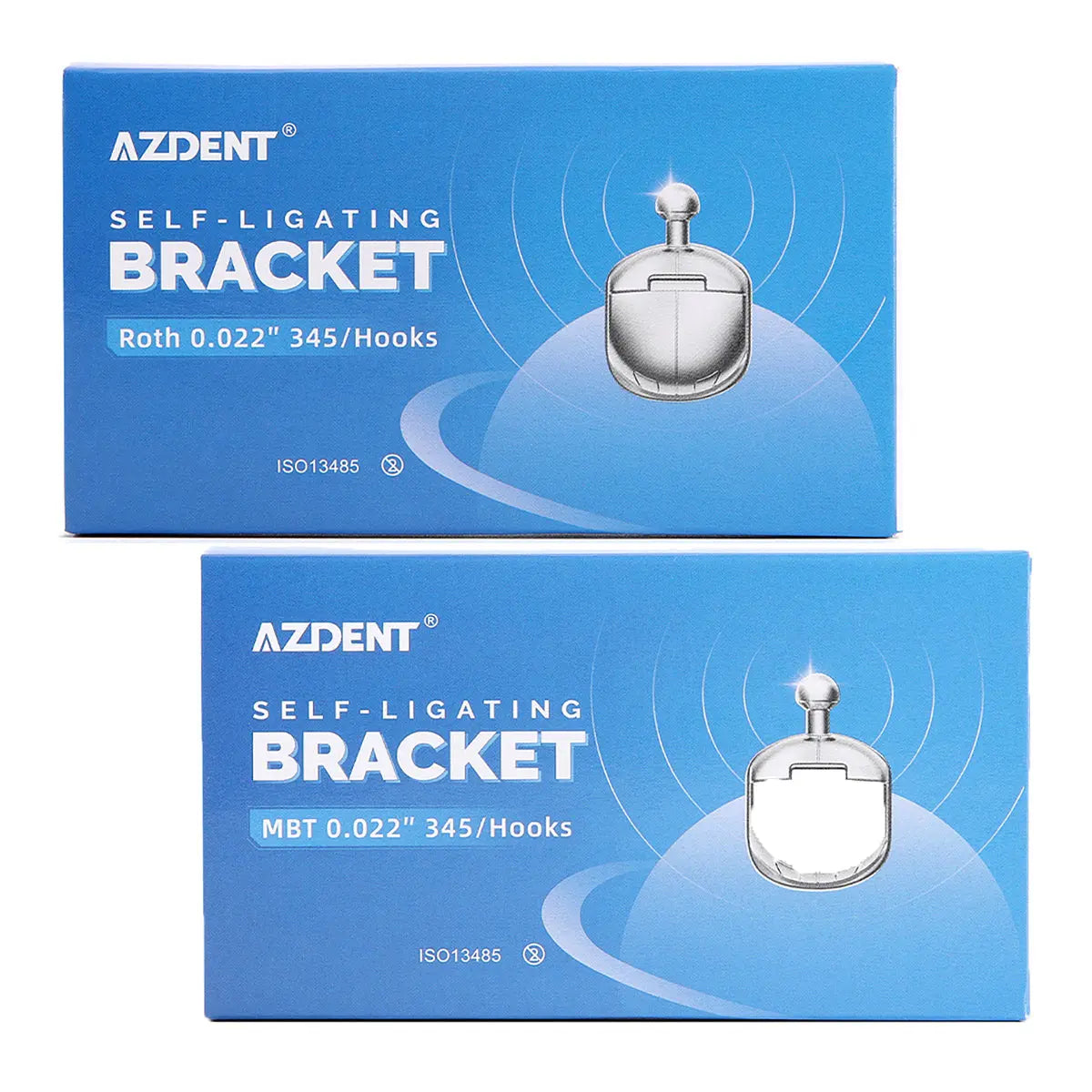 Dental Orthodontic Self-Ligating Brackets Roth/MBT .022 Hooks On 345 With Buccal Tube, AZDENT brand packaging boxes showing spherical monoblock bracket design, blue background with product illustrations for orthodontic treatment