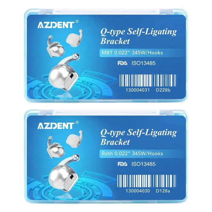 AZDENT Q-type Self-Ligating Brackets Roth/MBT .022 Hooks On 345 With Buccal Tubes 28pcs/Box. Product packaging showing spherical dental brackets with hooks, FDA approved, ISO certified. Blue background with ripple effect and barcode.