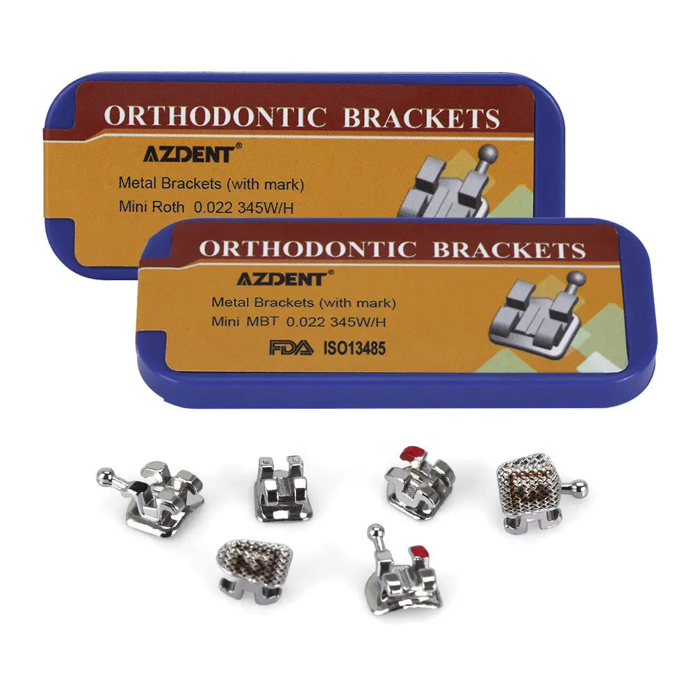 Dental Metal Brackets Mini Roth/MBT .022 Hooks on 345 Laser Mark 20pcs/Box: AZDENT orthodontic brackets in blue cases, displaying Mini Roth and MBT models, with various metal bracket styles shown below, featuring hooks and mesh bases for dental applications.