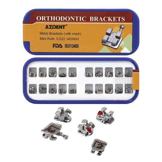 Dental Metal Brackets Mini Roth/MBT .022 Hooks on 345 Laser Mark 20pcs/Box: Orthodontic brackets set by AZDENT, featuring metal brackets with laser marking, Mini Roth 0.022 345W/H model, FDA approved, displayed in a blue-bordered case with individual slots and loose bracket examples below.