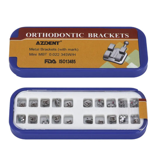 Dental Metal Brackets Mini Roth/MBT .022 Hooks on 345 Laser Mark 20pcs/Box - Blue container with orange label showing orthodontic brackets. Top image displays product information, bottom image shows 20 individual metal brackets neatly arranged in compartments.